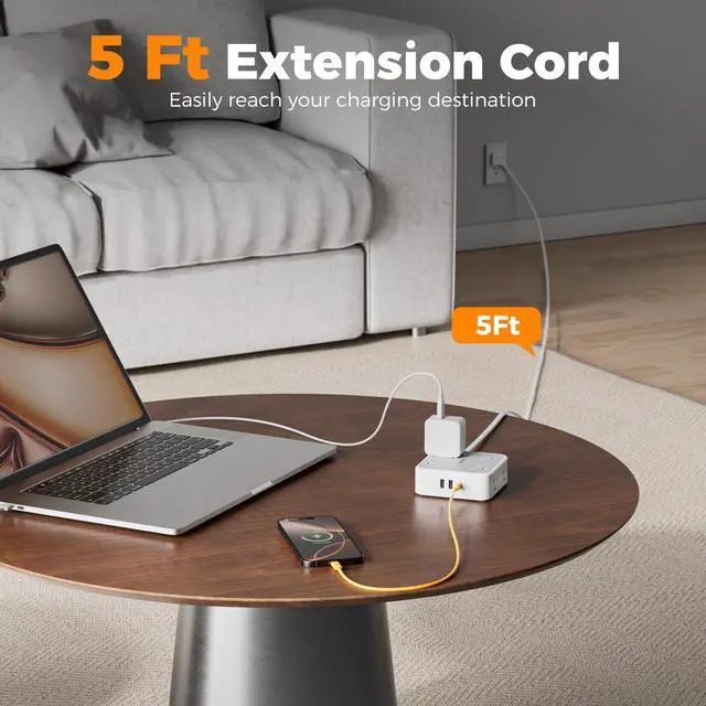 Alt view image 5 of 7 - Surge Protector Power Strip with 900J Surge Protection, 5 Ft, Grey | 8 AC with 3 USB Ports (1 USB C 20W PD), Flat Plug Extension Cord, 3 Sided Outlet Extender with Power Switch for Dorm Room