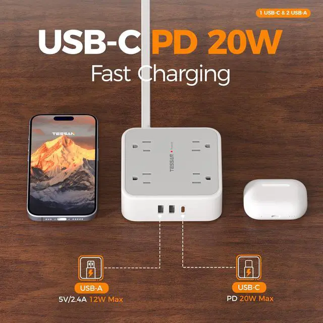 Alt view image 3 of 7 - Surge Protector Power Strip with 900J Surge Protection, 5 Ft, Grey | 8 AC with 3 USB Ports (1 USB C 20W PD), Flat Plug Extension Cord, 3 Sided Outlet Extender with Power Switch for Dorm Room