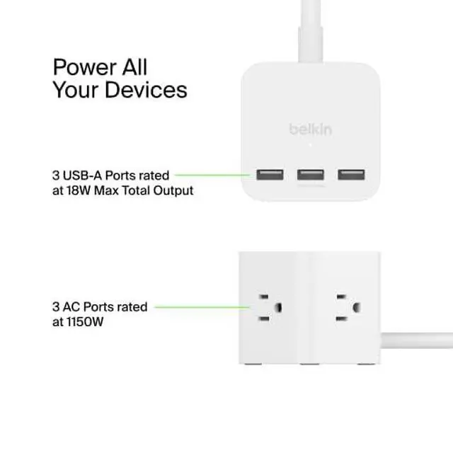 Alt view image 3 of 7 - 6-Outlet Power Cube w/ 3 AC Outlets, 3 USB-A Ports, & 5ft Sturdy Extension Cord - Convenient Compact Cube for Home, Office, Travel, Desktop, & Phone Charger - 4.5 Amps | 4.5 Amp rating,