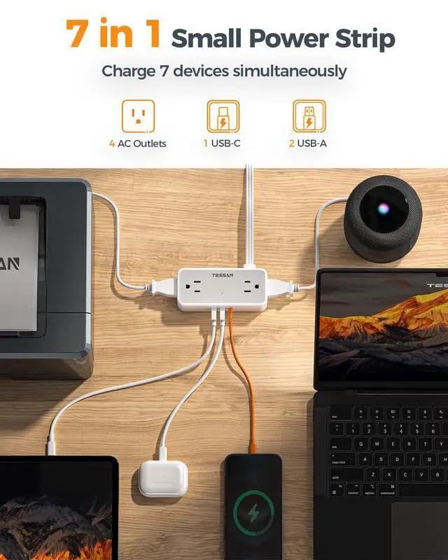 Alt view image 2 of 7 - Extension Cord 5 FT, Power Strip with 900J Surge Protection, Grey | 4 AC Outlets 1 USB C and 2 USB A Ports, Flat Plug, Multiple Wall Outlet Extender Suitable for Office Dorm