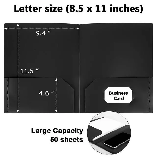 Alt view image 2 of 7 - 6 Pack Black File Folders with Pockets, Letter Size Plastic 2 Pocket Folder | Business Card Slot, Folders for Documents, Office Filing Cabinet Folders, School Supplies, for College Students