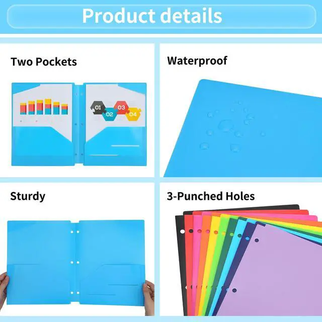 Alt view image 3 of 7 - Binder Folders 10pcs Colored File Folders, Plastic Folders with Pocket and 2 Business Card Slot, 3 Hole Punch Poly Folders Fits in 3 Ring Binder for School Office