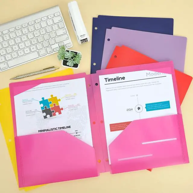 Alt view image 5 of 7 - Binder Folders 10pcs Colored File Folders, Plastic Folders with Pocket and 2 Business Card Slot, 3 Hole Punch Poly Folders Fits in 3 Ring Binder for School Office