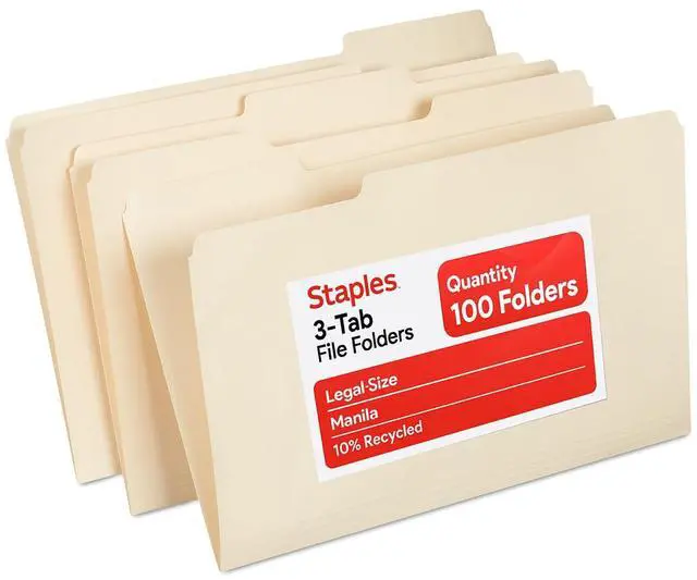 Main image of Recycled File Folders, Legal Size, 1/3-Cut Tabs, Manila, 100/Bx | Manila stock with durable tabs for everyday document organization.