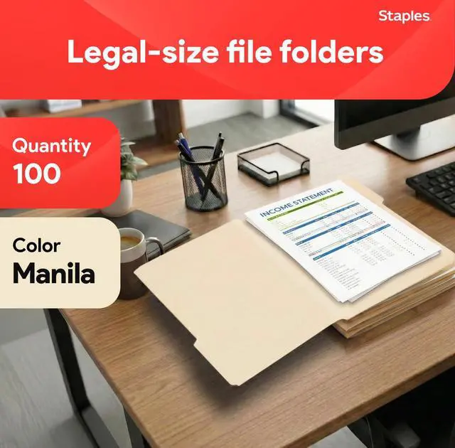 Alt view image 2 of 6 - Recycled File Folders, Legal Size, 1/3-Cut Tabs, Manila, 100/Bx | Manila stock with durable tabs for everyday document organization.