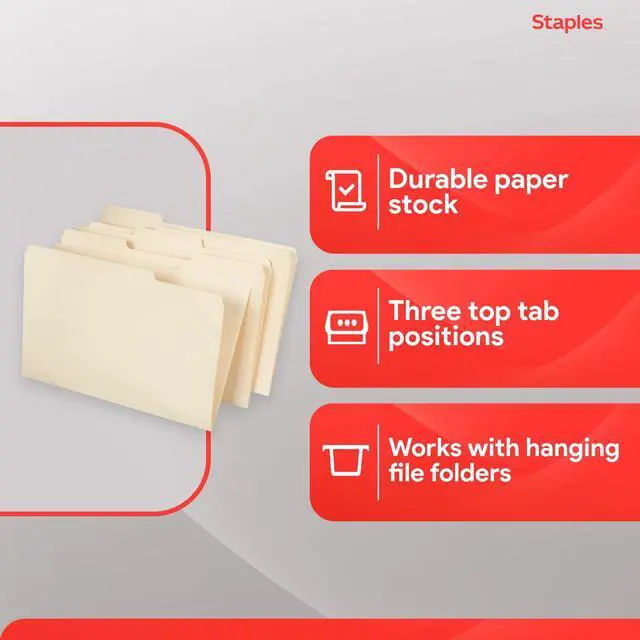 Alt view image 4 of 6 - Recycled File Folders, Legal Size, 1/3-Cut Tabs, Manila, 100/Bx | Manila stock with durable tabs for everyday document organization.