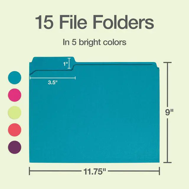 Alt view image 2 of 7 - Colored File Folders, 15 Pack, 3 Tabs, 5 Bright Colors, Letter Size (8.5" x 11"), Color-Coding for School, Office & Home Document Organization