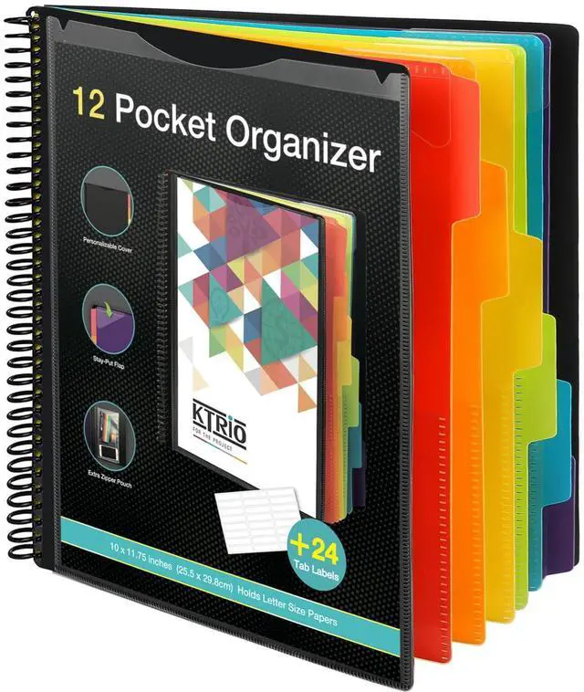 Main image of 12 Pocket Project Organizer, Letter Size Spiral Binder, Black | 12 Pocket Storage, Letter Size Fit, Water-Resistant Poly, Zip Pouch Included, Writable Color Tabs