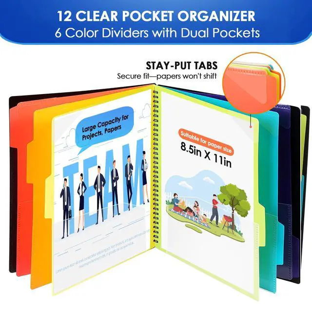 Alt view image 2 of 7 - 12 Pocket Project Organizer, Letter Size Spiral Binder, Black | 12 Pocket Storage, Letter Size Fit, Water-Resistant Poly, Zip Pouch Included, Writable Color Tabs