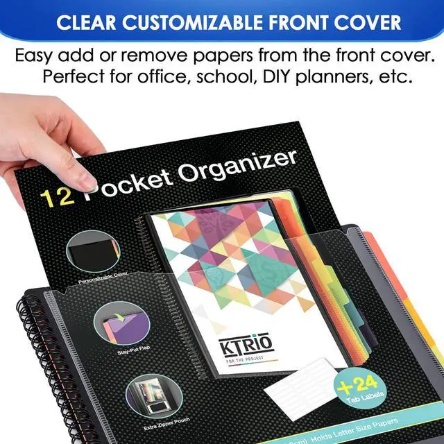 Alt view image 3 of 7 - 12 Pocket Project Organizer, Letter Size Spiral Binder, Black | 12 Pocket Storage, Letter Size Fit, Water-Resistant Poly, Zip Pouch Included, Writable Color Tabs