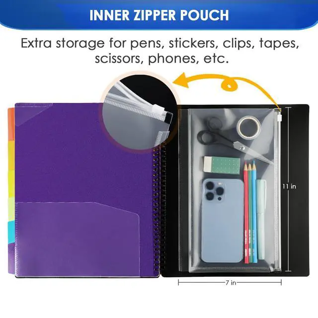 Alt view image 5 of 7 - 12 Pocket Project Organizer, Letter Size Spiral Binder, Black | 12 Pocket Storage, Letter Size Fit, Water-Resistant Poly, Zip Pouch Included, Writable Color Tabs