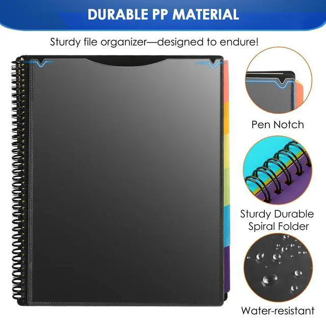 Alt view image 7 of 7 - 12 Pocket Project Organizer, Letter Size Spiral Binder, Black | 12 Pocket Storage, Letter Size Fit, Water-Resistant Poly, Zip Pouch Included, Writable Color Tabs