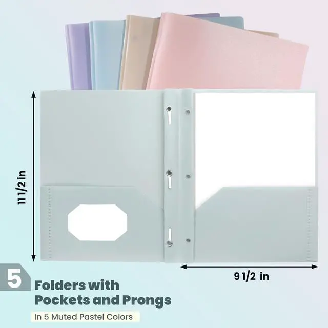Alt view image 2 of 7 - Plastic Folders with Pockets and Prong, Pack of 5, Muted Pastel Colors, Heavy Duty 2 Pocket File Folders Letter Size, Folders with Prongs for School, Home, and Office