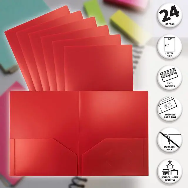 Alt view image 3 of 6 - Office Products Heavyweight Plastic 2 Pocket Portfolio Folder, Letter Size Poly Folders 24 Pack (Red)