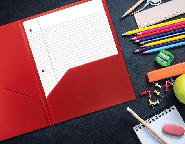 Alt view image 6 of 6 - Office Products Heavyweight Plastic 2 Pocket Portfolio Folder, Letter Size Poly Folders 24 Pack (Red)