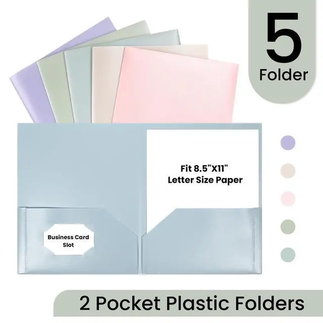 Alt view image 2 of 7 - Plastic Folders with Pockets, Pack of 5, Muted Pastel Colors, Heavy Duty 2 Pocket File Folders Letter Size, Pocket Folders for School, Home, and Office