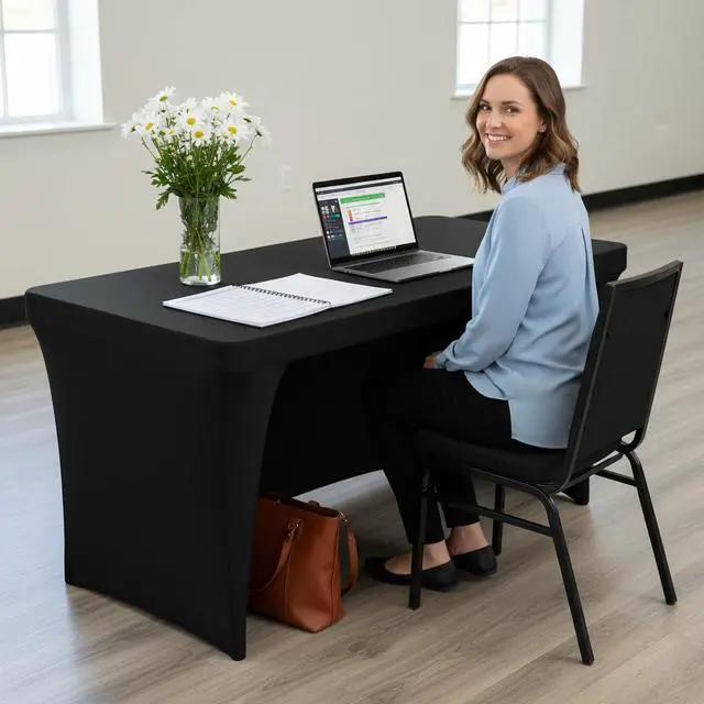 Alt view image 3 of 7 - 2 Pack Black Table Cloth 6 Foot-Spandex Fitted Tablecloth Rectangle Tables, Open Back Stretch Folding Trade Show Table Covers Fabric Washable & Wrinkle Resistant for Parties, Wedding, Event