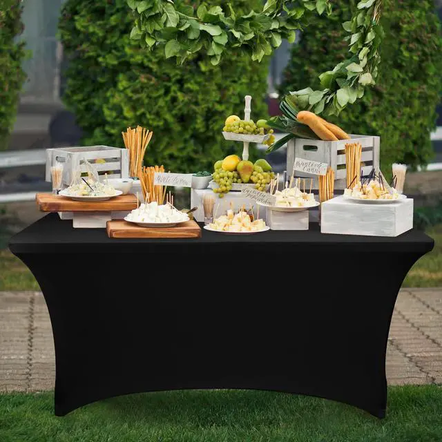 Alt view image 2 of 7 - 2 Pack Black Table Cloth 6 Foot-Spandex Fitted Tablecloth Rectangle Tables, Open Back Stretch Folding Trade Show Table Covers Fabric Washable & Wrinkle Resistant for Parties, Wedding, Event