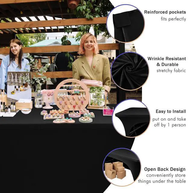 Alt view image 4 of 7 - 2 Pack Black Table Cloth 6 Foot-Spandex Fitted Tablecloth Rectangle Tables, Open Back Stretch Folding Trade Show Table Covers Fabric Washable & Wrinkle Resistant for Parties, Wedding, Event