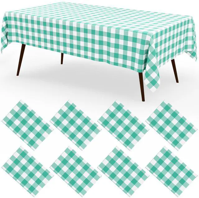 Main image of 8 Packs Buffalo Disposable Table Cloth, 54 x 108 Inch Waterproof Plastic Tablecloth, Rectangle Teal and White Checkered Table Covers for Picnic, Birthday, Party