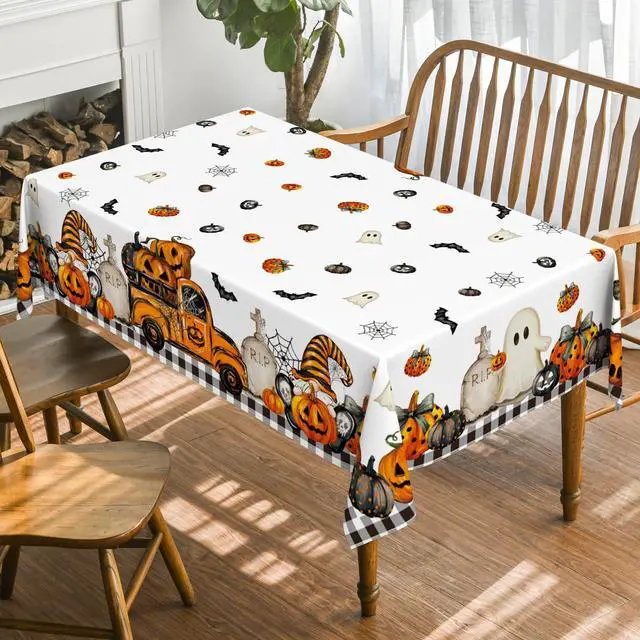 Alt view image 2 of 6 - Halloween Tablecloth 60 x 84 Inch Rectangular Ghost Pumpkin | Washable Table Cover for Party Picnic Dinner Decor