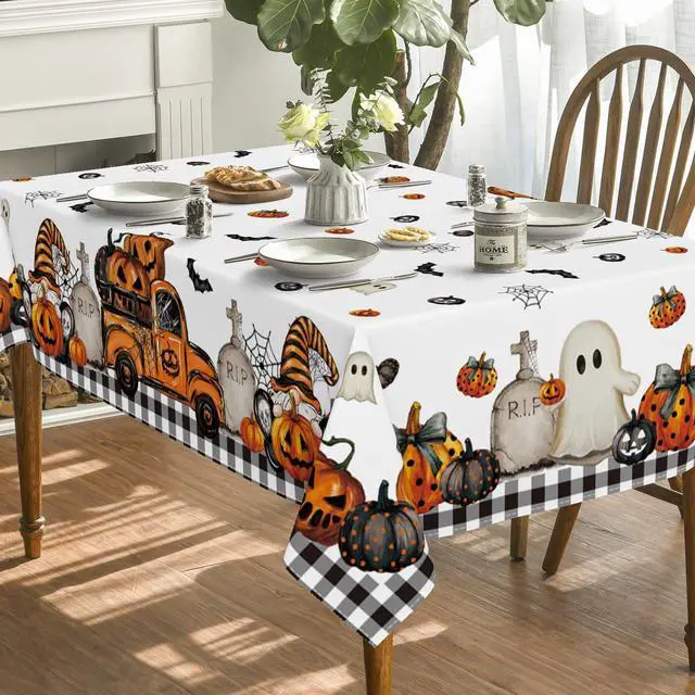Alt view image 3 of 6 - Halloween Tablecloth 60 x 84 Inch Rectangular Ghost Pumpkin | Washable Table Cover for Party Picnic Dinner Decor