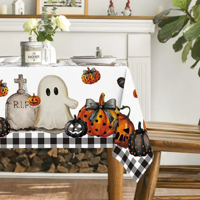 Alt view image 4 of 6 - Halloween Tablecloth 60 x 84 Inch Rectangular Ghost Pumpkin | Washable Table Cover for Party Picnic Dinner Decor