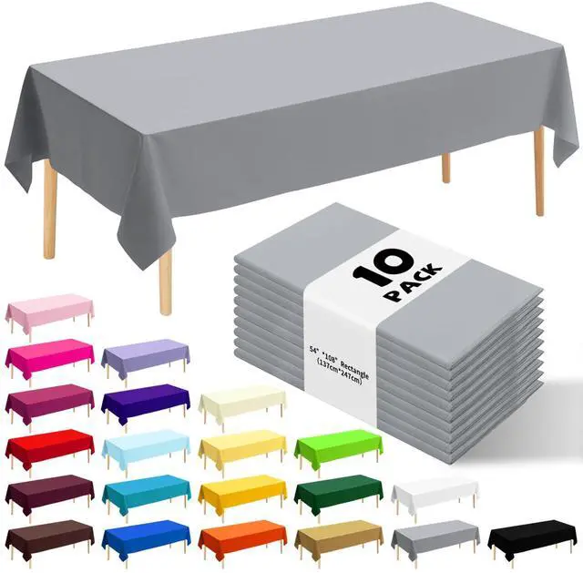 Main image of 10 Pack Premium Disposable Plastic Tablecloth 54" X 108" Rectangle Table Cover for Birthdays Weddings Christmas Anniversary Buffet Table (Silver Grey)