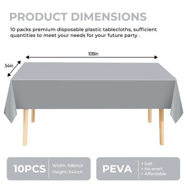 Alt view image 2 of 6 - 10 Pack Premium Disposable Plastic Tablecloth 54" X 108" Rectangle Table Cover for Birthdays Weddings Christmas Anniversary Buffet Table (Silver Grey)