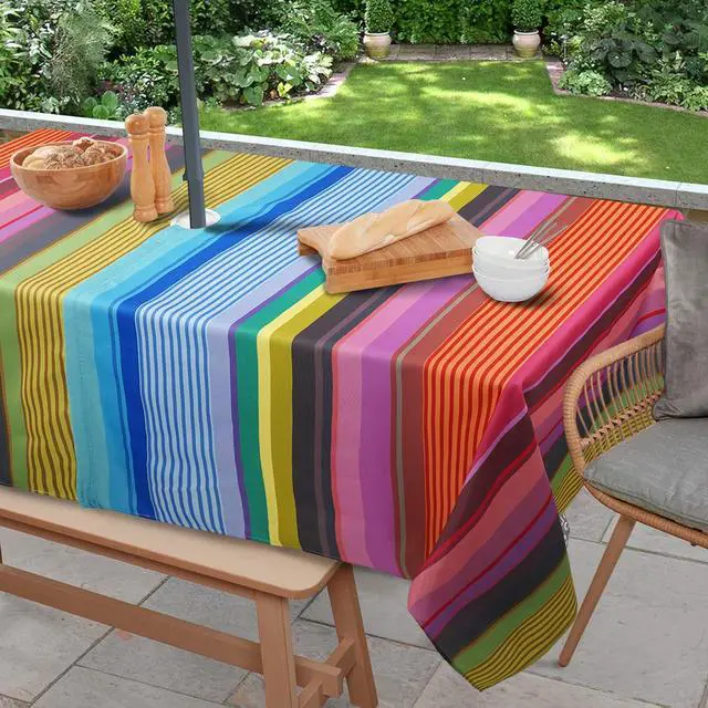 Main image of Outdoor Tablecloth with Umbrella Hole and Zipper, Rectangle Patio Table Covers for Spring/Summer, Machine Washable Outdoor Picnic Table Cloth (02stripes, 60" × 84" Rectangular)