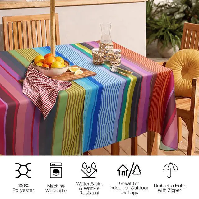Alt view image 6 of 7 - Outdoor Tablecloth with Umbrella Hole and Zipper, Rectangle Patio Table Covers for Spring/Summer, Machine Washable Outdoor Picnic Table Cloth (02stripes, 60" × 84" Rectangular)