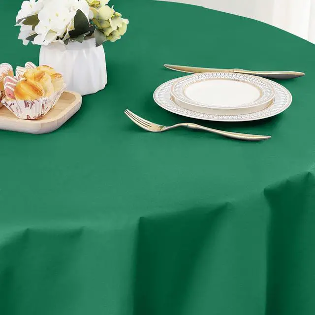 Alt view image 2 of 7 - Round Vinyl Waterproof Tablecloth with Flannel Backed | Spillproof Wipe Clean Table Cloth, Plastic Flannel Backing for Dining, Buffet Parties Picnic, Emerald Green, 60"