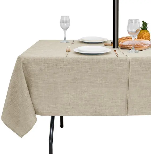 Main image of Outdoor Tablecloth with Umbrella Hole, Natural, 60x84 Inch | Patio Table Cloth Cover, Zippered Rectangle, Linen-Look Polyester, Water Resistant for Picnic Outside
