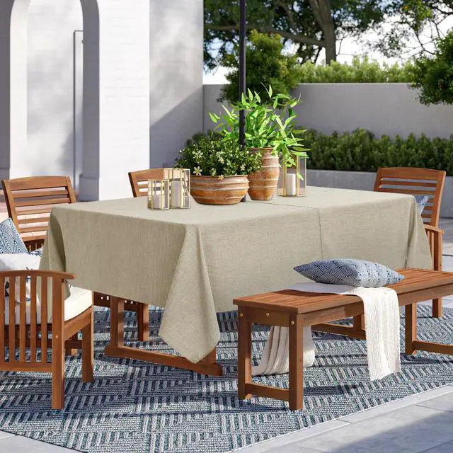 Alt view image 2 of 7 - Outdoor Tablecloth with Umbrella Hole, Natural, 60x84 Inch | Patio Table Cloth Cover, Zippered Rectangle, Linen-Look Polyester, Water Resistant for Picnic Outside