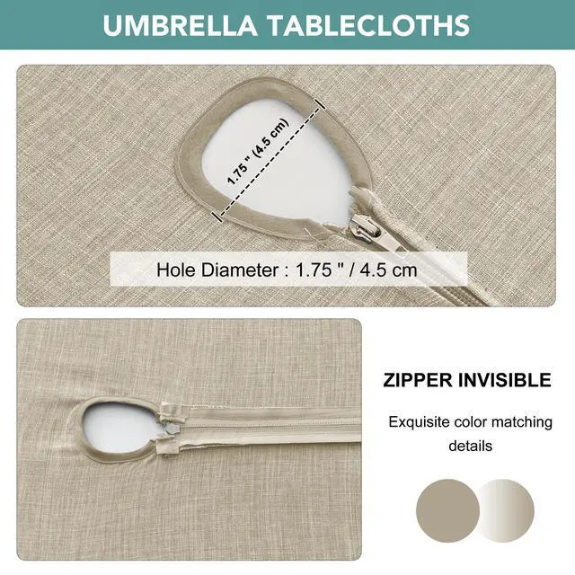 Alt view image 3 of 7 - Outdoor Tablecloth with Umbrella Hole, Natural, 60x84 Inch | Patio Table Cloth Cover, Zippered Rectangle, Linen-Look Polyester, Water Resistant for Picnic Outside