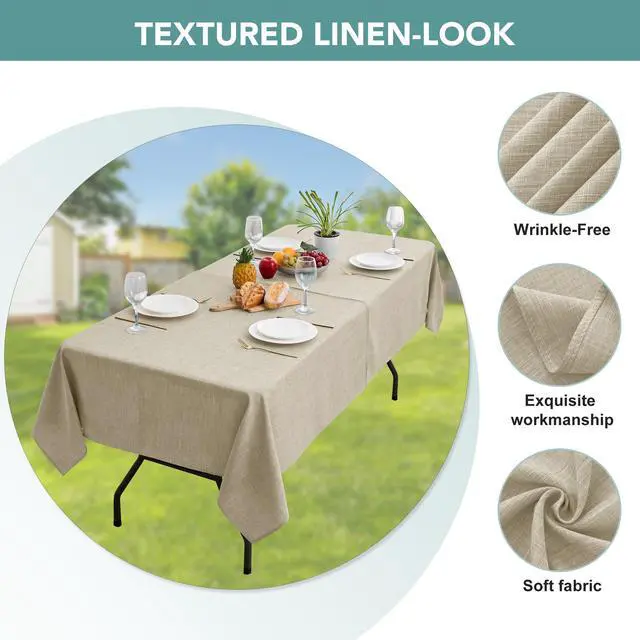 Alt view image 4 of 7 - Outdoor Tablecloth with Umbrella Hole, Natural, 60x84 Inch | Patio Table Cloth Cover, Zippered Rectangle, Linen-Look Polyester, Water Resistant for Picnic Outside