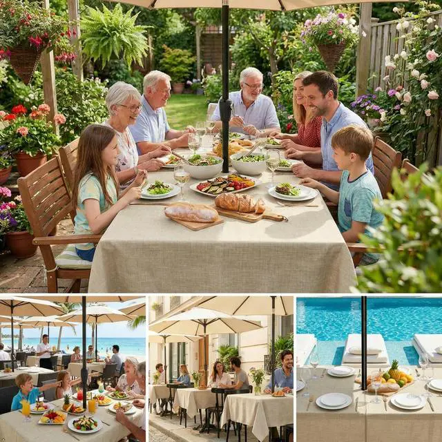Alt view image 6 of 7 - Outdoor Tablecloth with Umbrella Hole, Natural, 60x84 Inch | Patio Table Cloth Cover, Zippered Rectangle, Linen-Look Polyester, Water Resistant for Picnic Outside