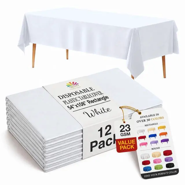Main image of 12-Pack Plastic Tablecloth 54x108 Rectangle Value Pack Plastic Table Cover - White