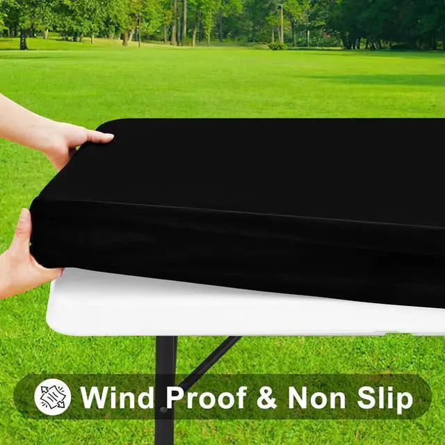 Alt view image 2 of 7 - Rectangle Tablecloth, Elastic Fitted Flannel Backed Vinyl Tablecloths for 5ft Folding Tables, Waterproof Wipeable Table Covers for Indoor, Outdoor, Picnic and Camping (Black, 30"x60")