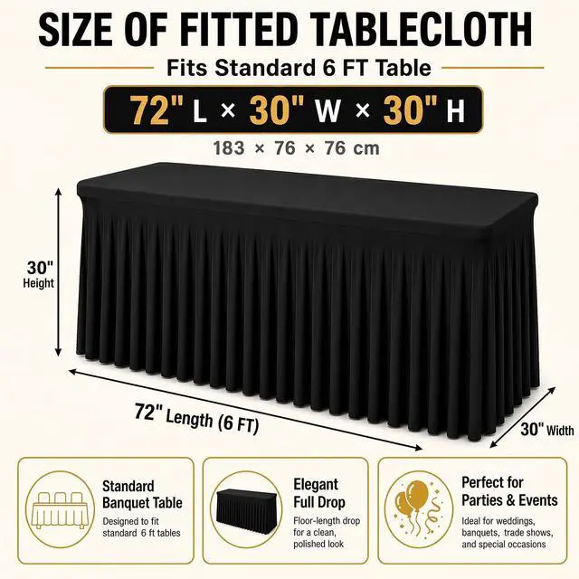Alt view image 2 of 7 - 6 Ft Tablecloth Rectangle Black Spandex Table Cover | Fits 6 Ft Rectangle Tables, Spandex Fabric, Stretch Fitted Ruffled Skirt, Ideal For Banquet, Business Meeting And Wedding