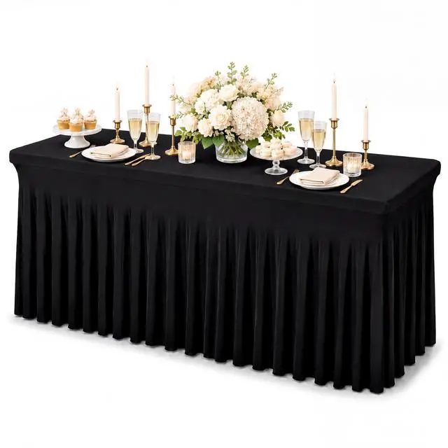 Main image of 6 Ft Tablecloth Rectangle Black Spandex Table Cover | Fits 6 Ft Rectangle Tables, Spandex Fabric, Stretch Fitted Ruffled Skirt, Ideal For Banquet, Business Meeting And Wedding
