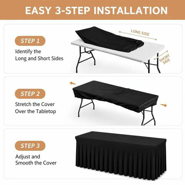 Alt view image 4 of 7 - 6 Ft Tablecloth Rectangle Black Spandex Table Cover | Fits 6 Ft Rectangle Tables, Spandex Fabric, Stretch Fitted Ruffled Skirt, Ideal For Banquet, Business Meeting And Wedding