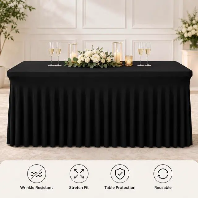 Alt view image 6 of 7 - 6 Ft Tablecloth Rectangle Black Spandex Table Cover | Fits 6 Ft Rectangle Tables, Spandex Fabric, Stretch Fitted Ruffled Skirt, Ideal For Banquet, Business Meeting And Wedding