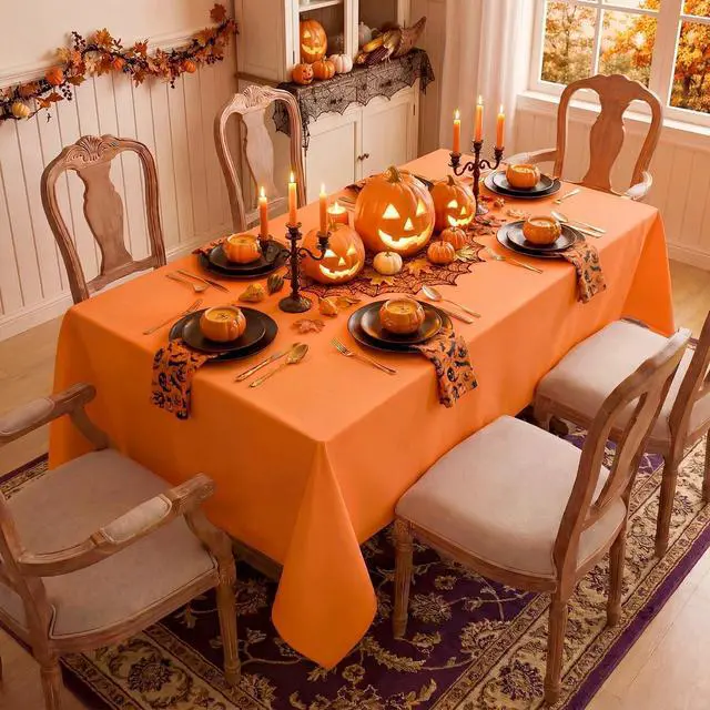 Alt view image 4 of 7 - Halloween Rectangle Tablecloth - Waterproof and Wrinkle Resistant Washable Polyester Table Cloth for Kitchen Dining/Party/Wedding Indoor and Outdoor Use (60 x 84 inch, Orange)