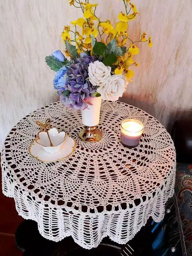 Alt view image 3 of 7 - Vintage Crochet Table Cloth Round Lace Doily Table Cover Scarf Table Topper | Handmade 100% Cotton Lace Floral Bohemian Tablecloths for Home Wedding Birthday Party Decoration, Beige, 33-Inch