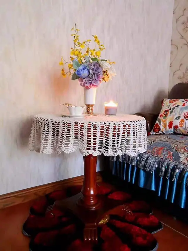Alt view image 4 of 7 - Vintage Crochet Table Cloth Round Lace Doily Table Cover Scarf Table Topper | Handmade 100% Cotton Lace Floral Bohemian Tablecloths for Home Wedding Birthday Party Decoration, Beige, 33-Inch