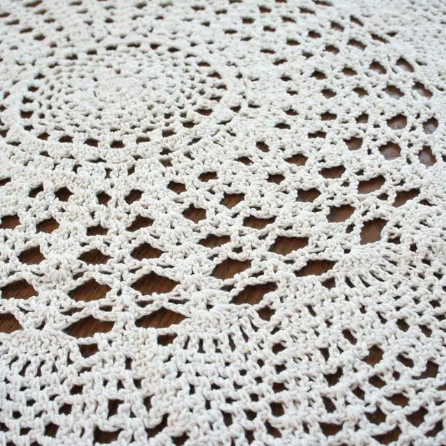 Alt view image 6 of 7 - Vintage Crochet Table Cloth Round Lace Doily Table Cover Scarf Table Topper | Handmade 100% Cotton Lace Floral Bohemian Tablecloths for Home Wedding Birthday Party Decoration, Beige, 33-Inch