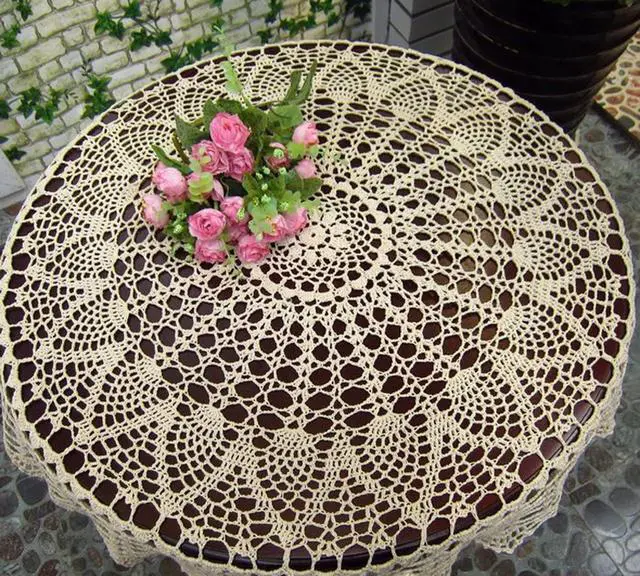 Alt view image 7 of 7 - Vintage Crochet Table Cloth Round Lace Doily Table Cover Scarf Table Topper | Handmade 100% Cotton Lace Floral Bohemian Tablecloths for Home Wedding Birthday Party Decoration, Beige, 33-Inch