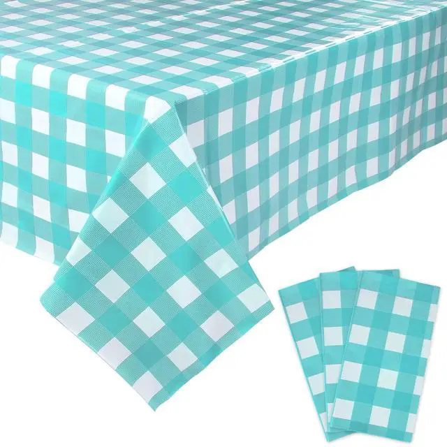 Main image of Blue Gingham Tablecloth Picnic Party Checkered Table Cover 3 Packs | 54 x 108 Inches Aqua Plastic Table Cloth,Waterproof Rectangle, Disposable Aqua and White Camping Birthday Party Table Covers