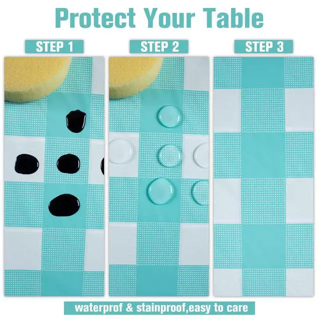 Alt view image 3 of 7 - Blue Gingham Tablecloth Picnic Party Checkered Table Cover 3 Packs | 54 x 108 Inches Aqua Plastic Table Cloth,Waterproof Rectangle, Disposable Aqua and White Camping Birthday Party Table Covers